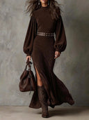 Tatym | Suede Effect Midi Dress – Evening Mock Neck Lantern Sleeve Side Slit