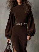 Tatym | Suede Effect Midi Dress – Evening Mock Neck Lantern Sleeve Side Slit