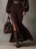 Tatym | Suede Effect Midi Dress – Evening Mock Neck Lantern Sleeve Side Slit