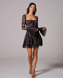 Teagan | Lace Mini – Tie Front Bell Sleeve Corset Skater Party Summer Dress