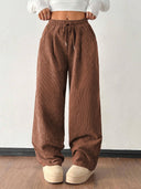 Theresa | Ribbed Wide Leg Pants – Casual Drawstring Waist Side Pockets