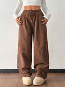 Theresa | Ribbed Wide Leg Pants – Casual Drawstring Waist Side Pockets