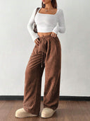 Theresa | Ribbed Wide Leg Pants – Casual Drawstring Waist Side Pockets