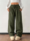 Theresa | Ribbed Wide Leg Pants – Casual Drawstring Waist Side Pockets