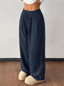 Theresa | Ribbed Wide Leg Pants – Casual Drawstring Waist Side Pockets