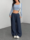 Theresa | Ribbed Wide Leg Pants – Casual Drawstring Waist Side Pockets