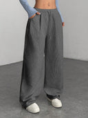 Theresa | Ribbed Wide Leg Pants – Casual Drawstring Waist Side Pockets
