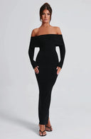 Thessaly | Off Shoulder Knit Maxi Dress – Evening Foldover Neck Long Sleeve