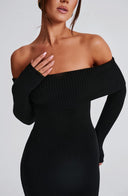 Thessaly | Off Shoulder Knit Maxi Dress – Evening Foldover Neck Long Sleeve