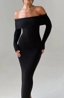 Thessaly | Off Shoulder Knit Maxi Dress – Evening Foldover Neck Long Sleeve