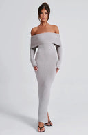 Thessaly | Off Shoulder Knit Maxi Dress – Evening Foldover Neck Long Sleeve