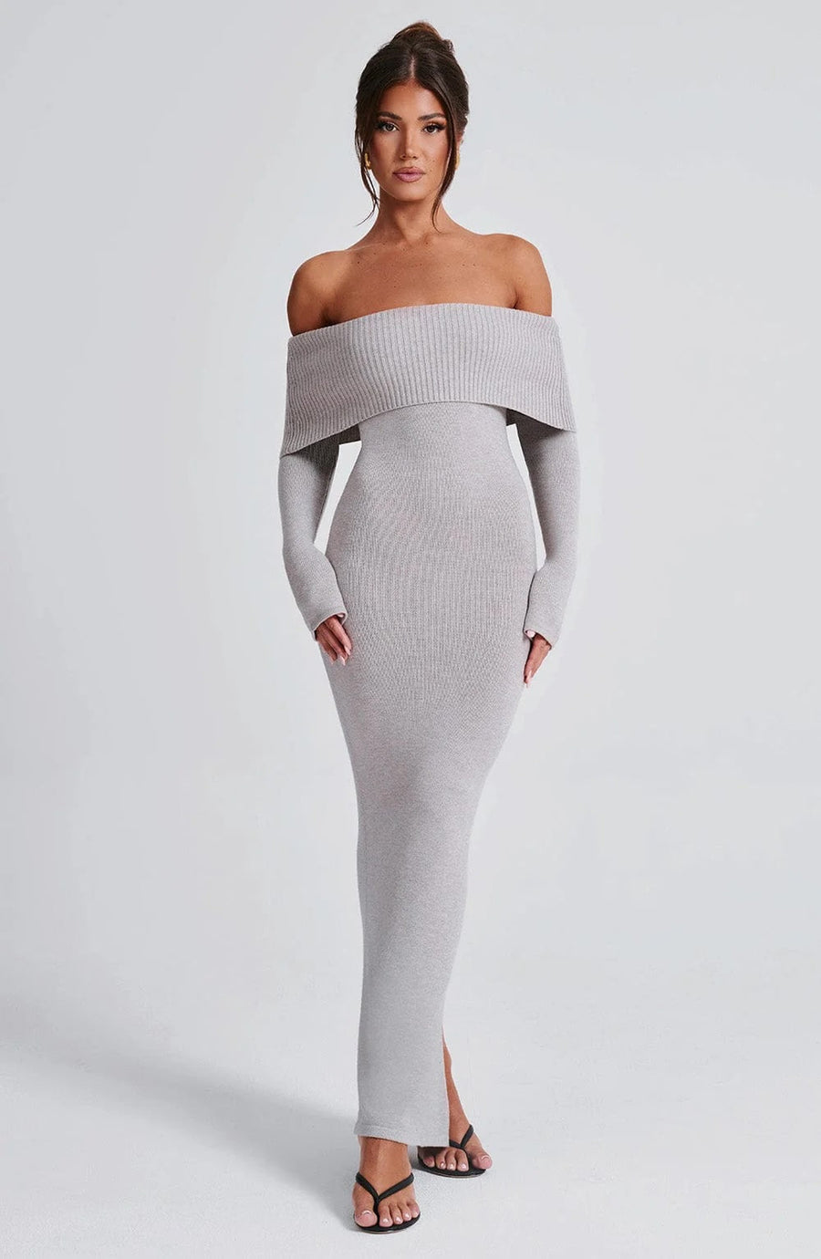 Thessaly | Off Shoulder Knit Maxi Dress – Evening Foldover Neck Long Sleeve