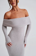 Thessaly | Off Shoulder Knit Maxi Dress – Evening Foldover Neck Long Sleeve