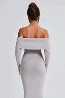 Thessaly | Off Shoulder Knit Maxi Dress – Evening Foldover Neck Long Sleeve