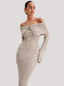 Thora | Ribbed Knit Dress – Evening Off Shoulder Foldover Neck Front Clasp