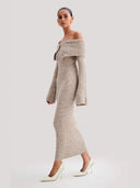 Thora | Ribbed Knit Dress – Evening Off Shoulder Foldover Neck Front Clasp