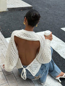 Tilly | Open Knit Sweater – Crew Neck Backless Tie Long Sleeve
