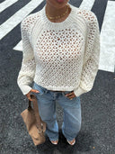 Tilly | Open Knit Sweater – Crew Neck Backless Tie Long Sleeve