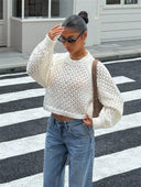 Tilly | Open Knit Sweater – Crew Neck Backless Tie Long Sleeve