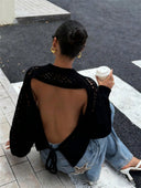 Tilly | Open Knit Sweater – Crew Neck Backless Tie Long Sleeve