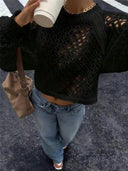 Tilly | Open Knit Sweater – Crew Neck Backless Tie Long Sleeve