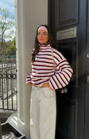 Tori | Striped Knit Jacket – Funnel Neck Zip Front Long Sleeve Pockets
