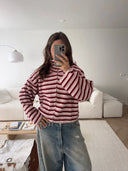 Tori | Striped Knit Jacket – Funnel Neck Zip Front Long Sleeve Pockets