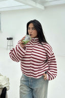 Tori | Striped Knit Jacket – Funnel Neck Zip Front Long Sleeve Pockets