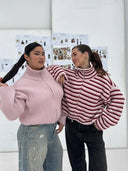 Tori | Striped Knit Jacket – Funnel Neck Zip Front Long Sleeve Pockets