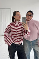 Tori | Striped Knit Jacket – Funnel Neck Zip Front Long Sleeve Pockets