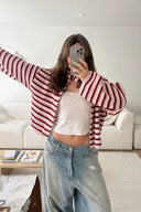 Tori | Striped Knit Jacket – Funnel Neck Zip Front Long Sleeve Pockets