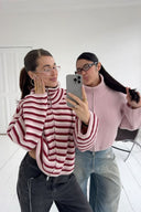 Tori | Striped Knit Jacket – Funnel Neck Zip Front Long Sleeve Pockets