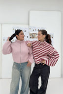Tori | Striped Knit Jacket – Funnel Neck Zip Front Long Sleeve Pockets