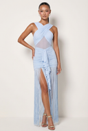 Trinity | Halter Fringe Maxi Dress – Ruched Mesh Evening Party Dress