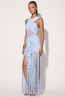 Trinity | Halter Fringe Maxi Dress – Ruched Mesh Evening Party Dress