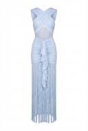 Trinity | Halter Fringe Maxi Dress – Ruched Mesh Evening Party Dress