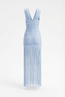 Trinity | Halter Fringe Maxi Dress – Ruched Mesh Evening Party Dress