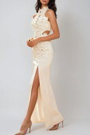 Una | Halter Neck 3D Floral Appliqué Maxi – Cut Out Wedding Guest Dress