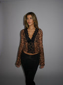 Valerie | Leopard Print Mesh Top – V Neck Lace Trim Long Sleeve Going Out Party Top