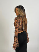 Valerie | Leopard Print Mesh Top – V Neck Lace Trim Long Sleeve Going Out Party Top