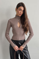 Varvara | Ribbed Cutout Knit Top – Evening Turtleneck Long Sleeve Keyhole Front