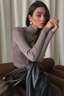 Varvara | Ribbed Cutout Knit Top – Evening Turtleneck Long Sleeve Keyhole Front