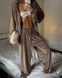 Veda | Velour Two Piece Set – Casual Zip Jacket Wide Leg Drawstring Pants