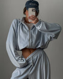 Veda | Velour Two Piece Set – Casual Zip Jacket Wide Leg Drawstring Pants