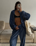 Veda | Velour Two Piece Set – Casual Zip Jacket Wide Leg Drawstring Pants