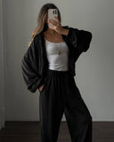 Veda | Velour Two Piece Set – Casual Zip Jacket Wide Leg Drawstring Pants