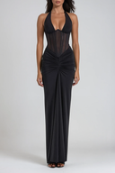 Verity | Halter Neck Sheer Corset Maxi – Deep V Ruched Formal Evening Dress