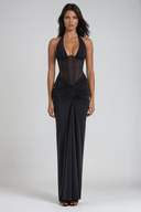 Verity | Halter Neck Sheer Corset Maxi – Deep V Ruched Formal Evening Dress