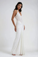 Verity | Halter Neck Sheer Corset Maxi – Deep V Ruched Formal Evening Dress