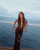 Veronica | Sequin Maxi – Deep V Neck Spaghetti Strap Disc Sequin Formal Wedding Guest Dress